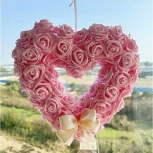 Valentine Pink Heart Rose Wreath with Bow